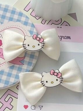 Hello Kitty Bow Hair Clips Pair Satin Style Cute Kawaii Gift